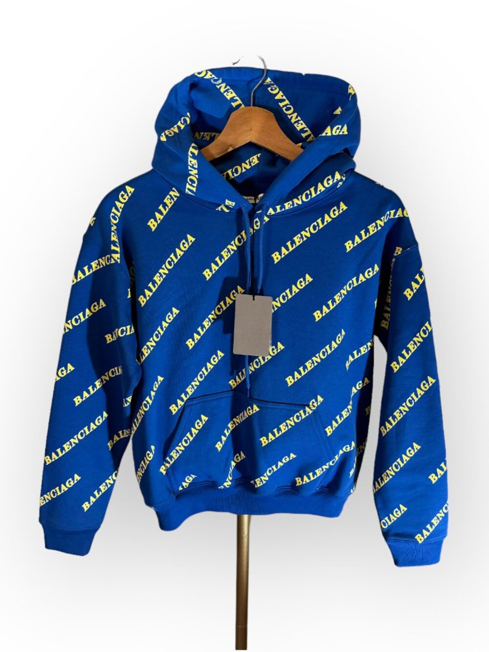 BALENCIAGA 2020 All Over Logo Hoodie Unisex Mens SM in Blue - *NWT!*